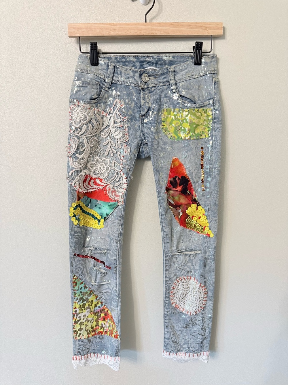 Angela Mele Milano Patchwork Embellished Cropped Jeans Italy Lace Sequin XS